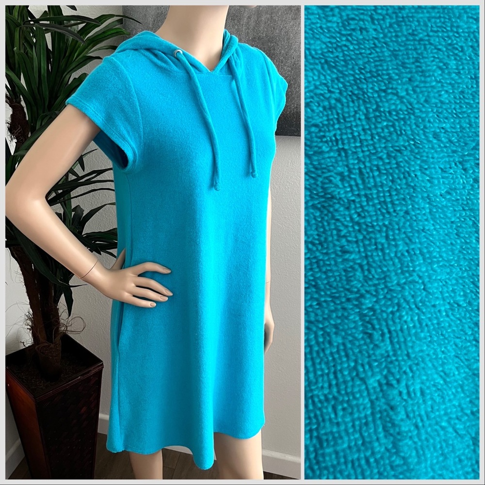 Elan Turquoise Terry Cloth Hooded Cap Sleeve Beach Cover Up Dress